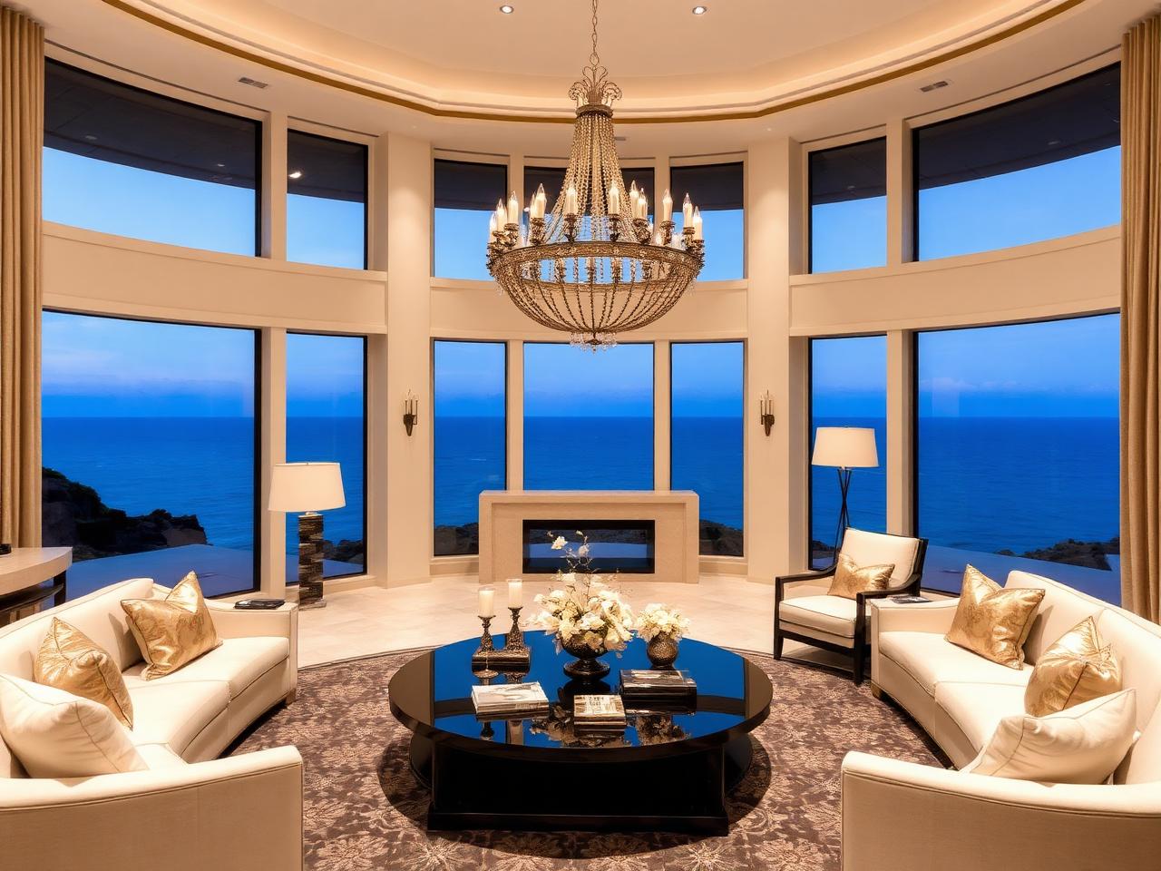 Elegant luxury villa living room with ocean view