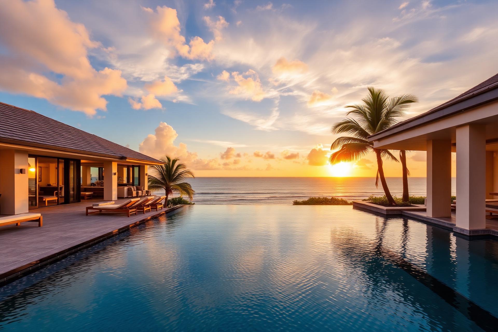 Luxury oceanfront vacation villa at sunset